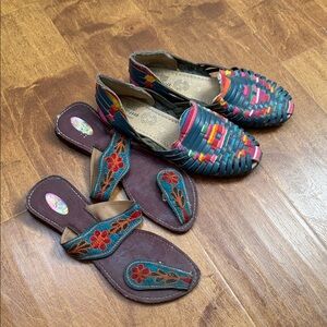 2 pairs. Handwoven Multicolor Leather Huarache Sandals and Embroidered Slide Set